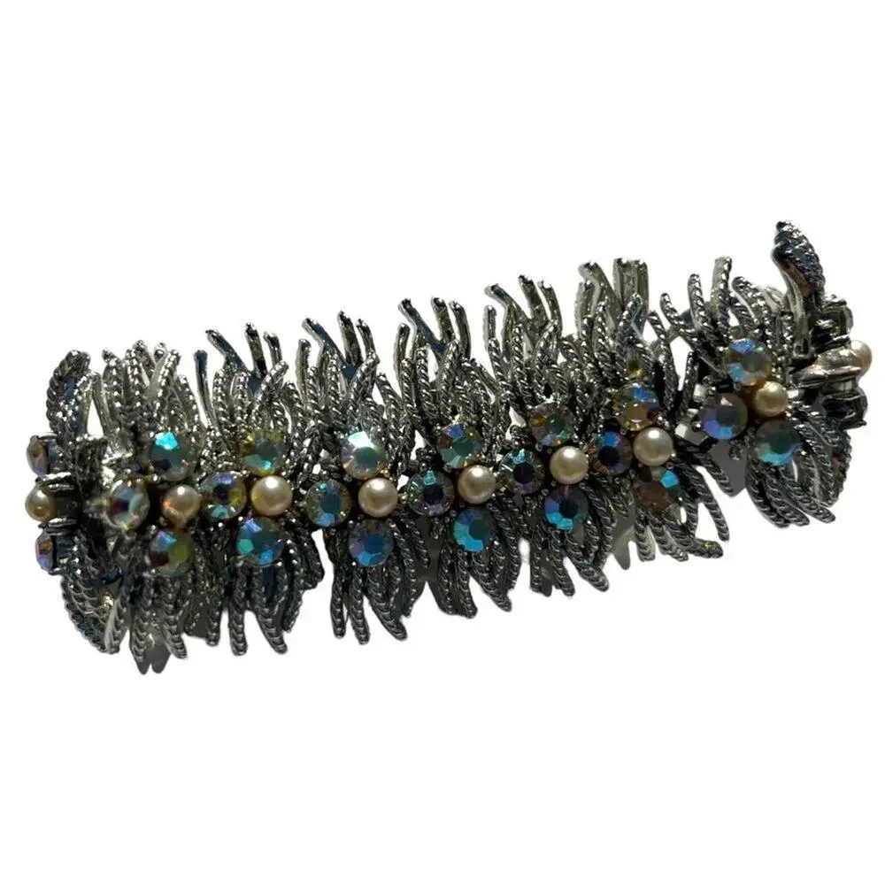 Vint Coro Pegasus Signed Silver Tone AB Rhinestone Faux Pearl Diamante Bracelet